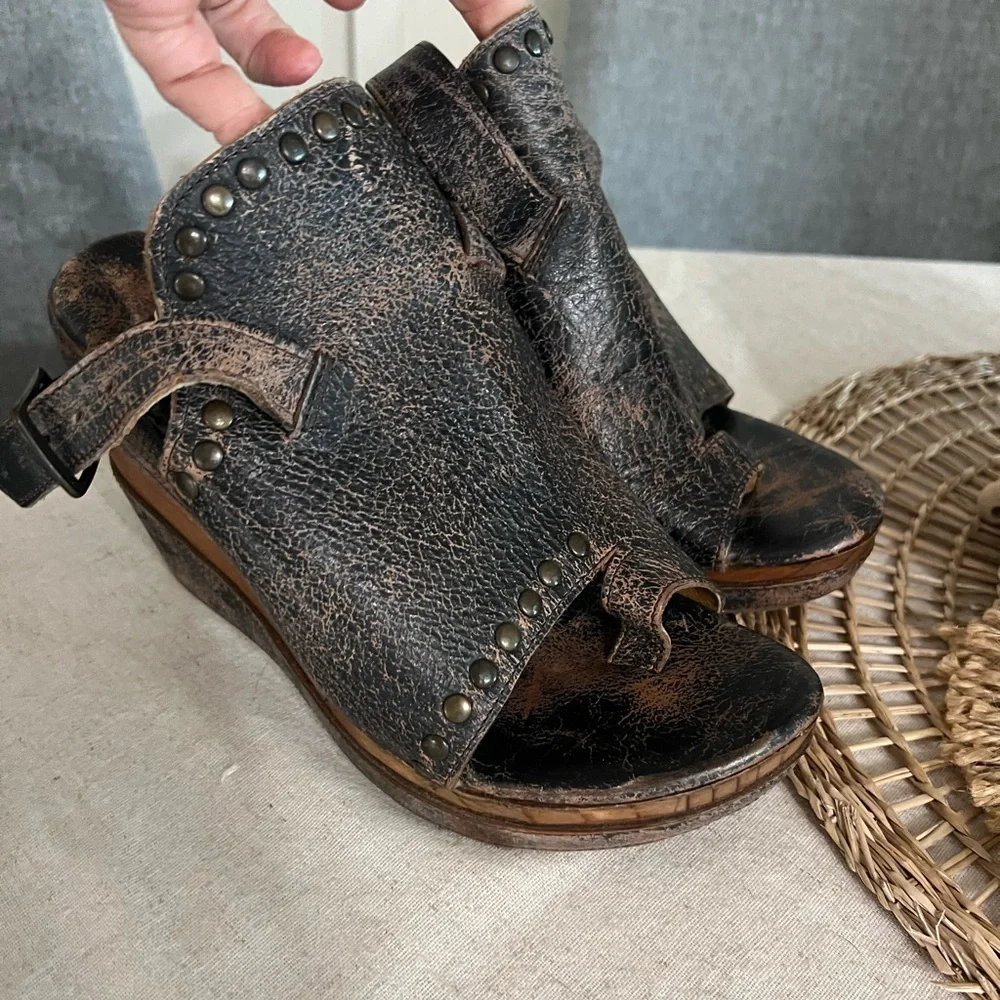 Bed Stu Joanne Distressed Leather Platform Studded Wood Wedge Sandals 9.5 - Picture 9 of 11